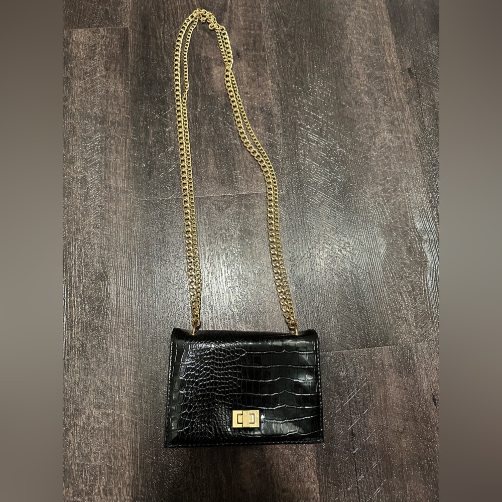 Black faux Snake skin bag with gold chains
